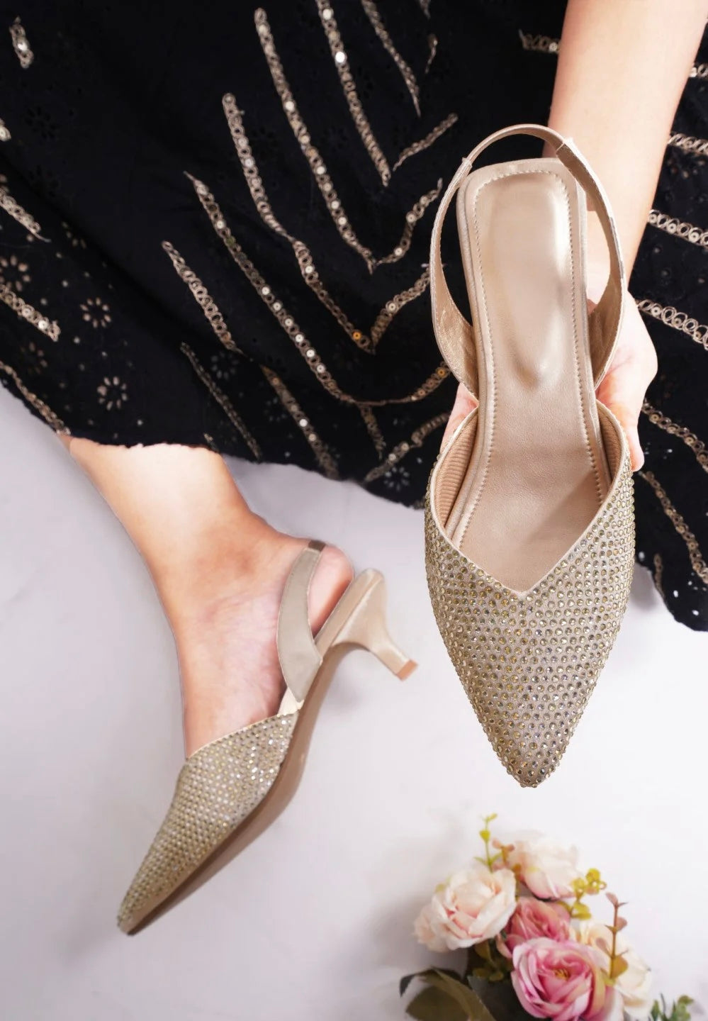 Stone Embellished Kitten Heels