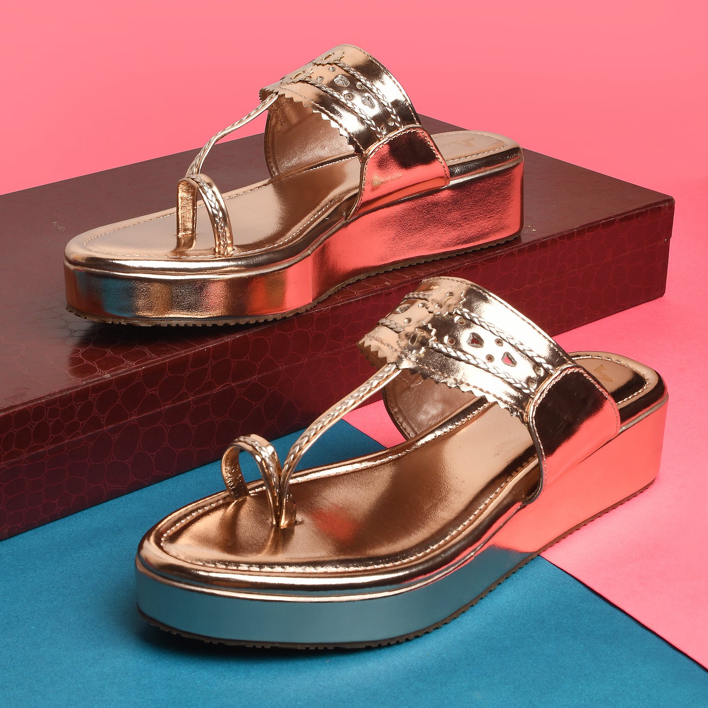 Traditional Kolhapuri Rose Gold Platform Heels