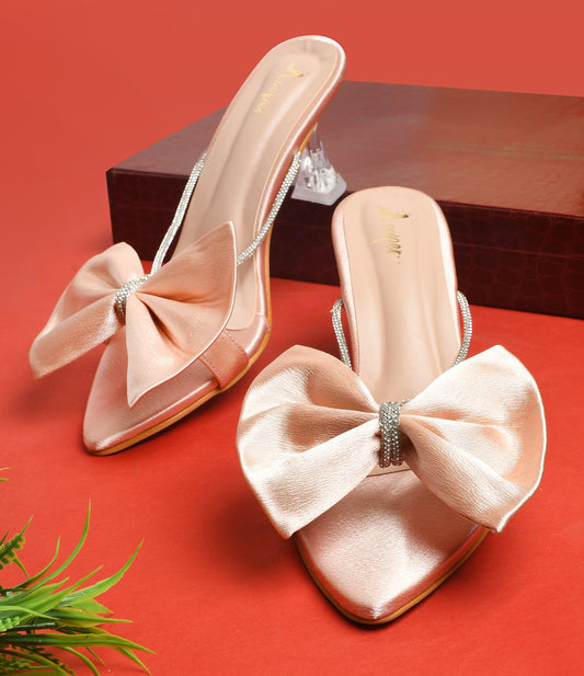 Cinderella- Embellished Bow Peach Kitten Heels