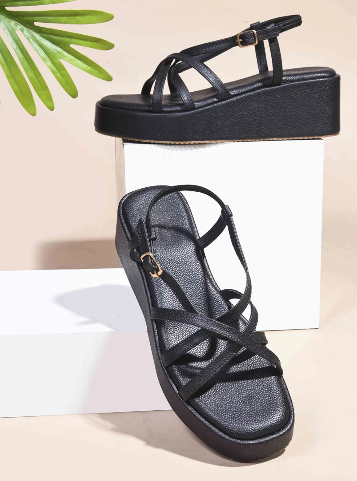 Strappy Wedge Heeled Sandals with Buckle Fastening