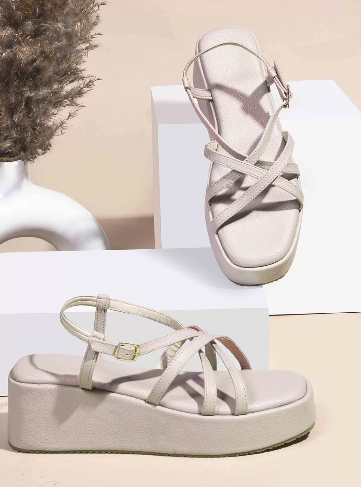 Strappy Wedge Heeled Sandals with Buckle Fastening