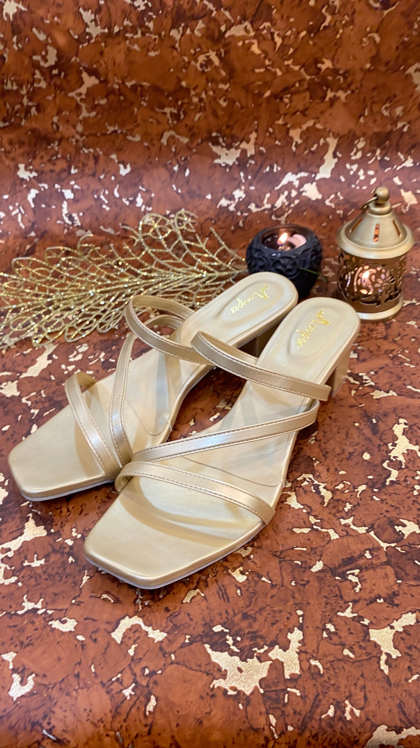 Triple Strap Golden Block Heel