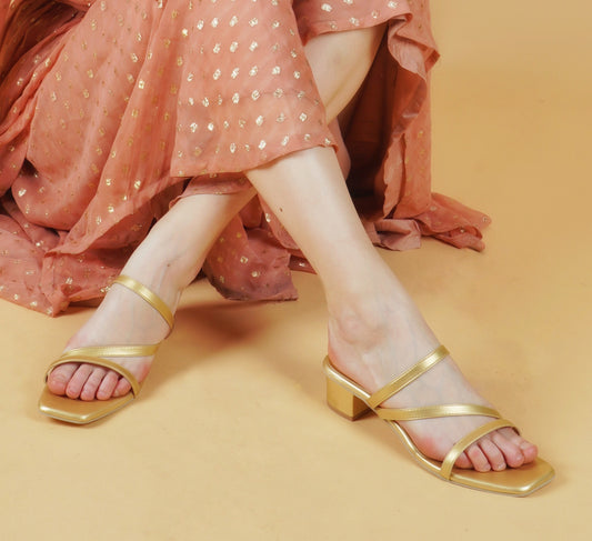 Triple Strap Golden Block Heel